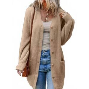 NEW TRENDSI fuzzy buttoned cardigan in camel